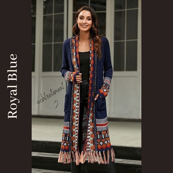 NEW Bohemian Tribal Fringe Cardigan With Pockets - Picture 7 of 10